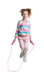 Cute little girl with jump rope on white background