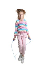 Photo of Cute little girl with jump rope on white background