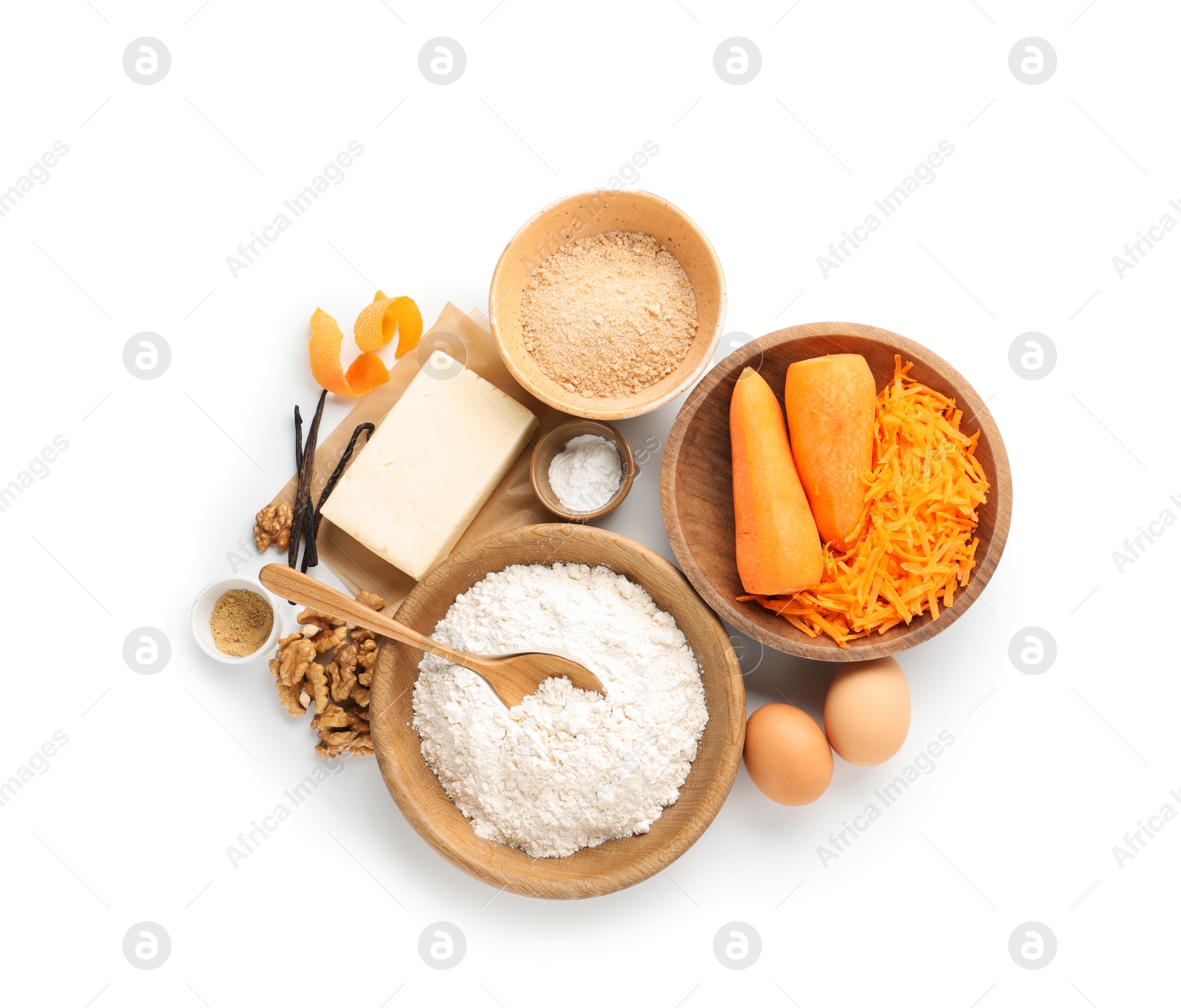 Photo of Different ingredients for making carrot cake isolated on white, top view