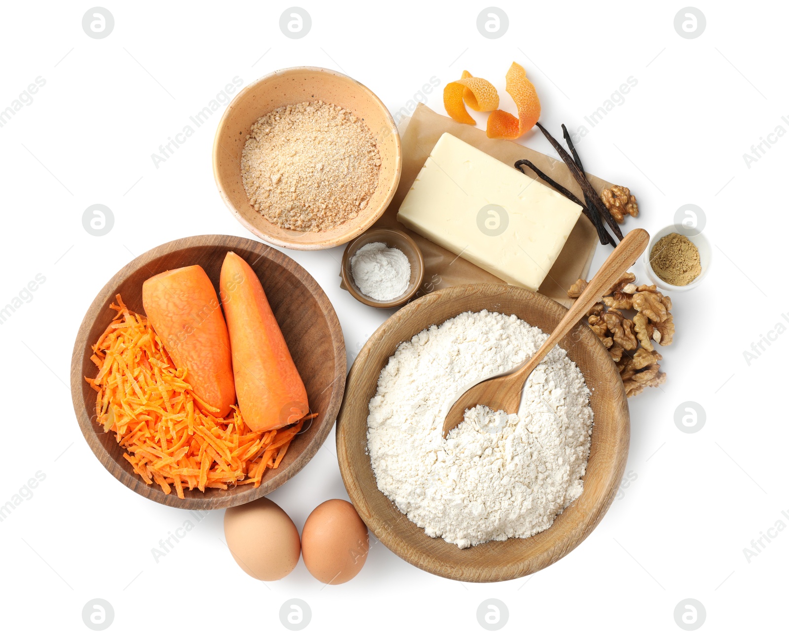 Photo of Different ingredients for making carrot cake isolated on white, top view