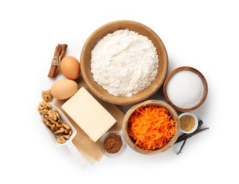 Photo of Different ingredients for making carrot cake isolated on white, top view