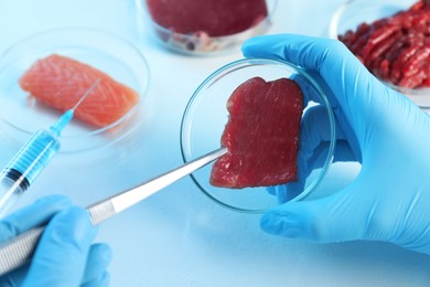 Photo of GMO concept. Scientist with piece of meat at table, closeup