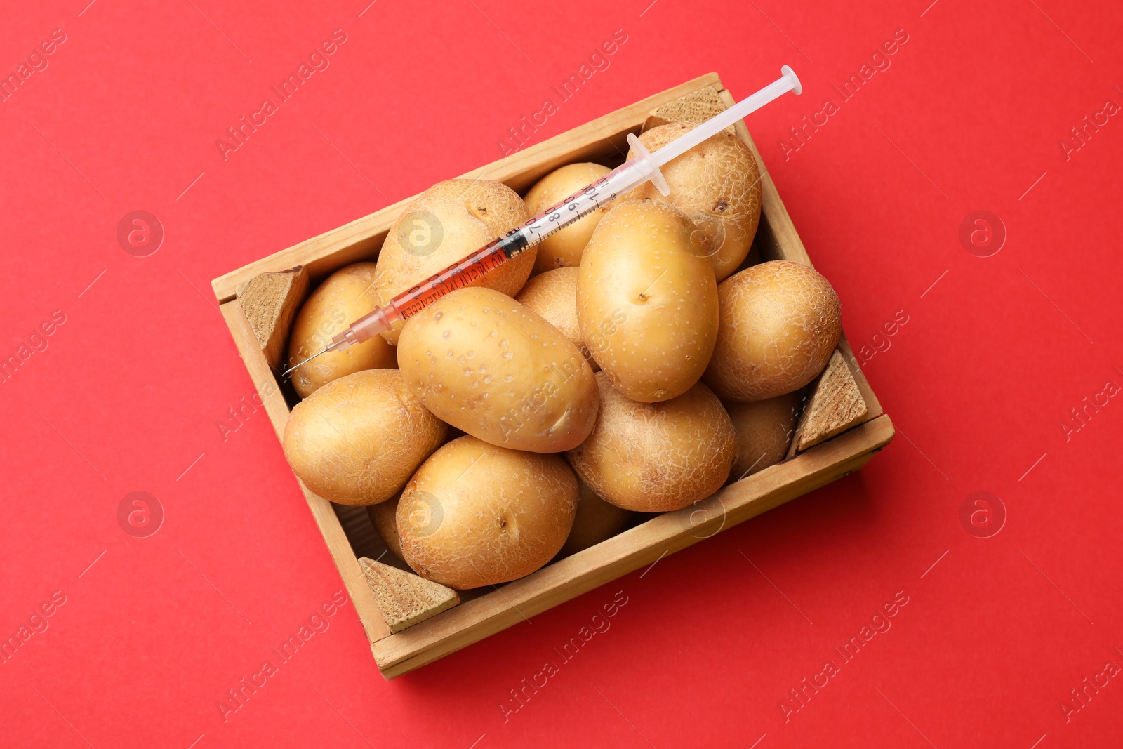 Photo of GMO concept. Potatoes and syringe with liquid in crate on red background, top view