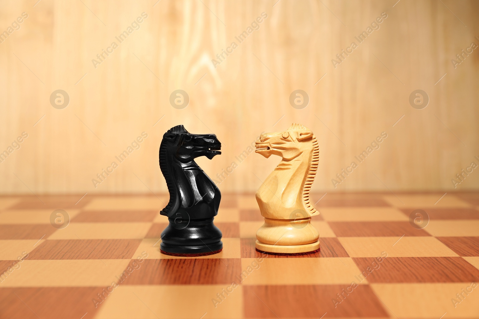 Photo of Black and white chess knights in middle of chessboard. Competition concept