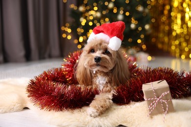 Photo of Cute dog in Santa hat with shiny tinsel and gift box on floor against blurred lights