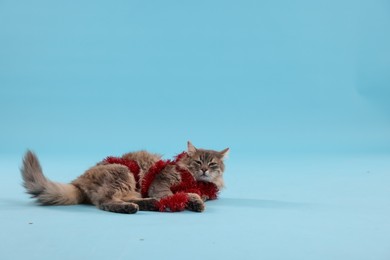 Photo of Cute cat with red Christmas tinsel on light blue background, space for text