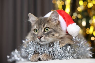 Photo of Cute cat in Santa hat with shiny tinsel on pouf against blurred lights, closeup. Christmas atmosphere