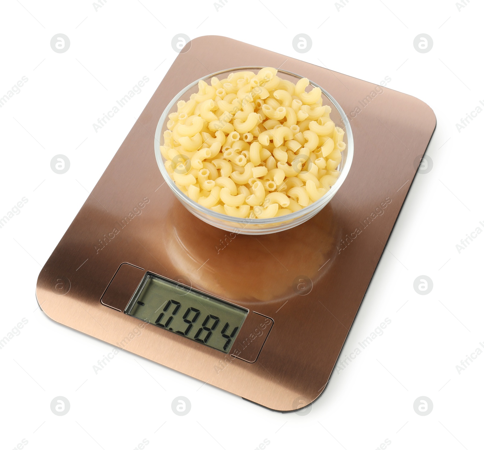 Photo of Electronic kitchen scale with bowl of raw pasta isolated on white