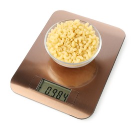 Photo of Electronic kitchen scale with bowl of raw pasta isolated on white