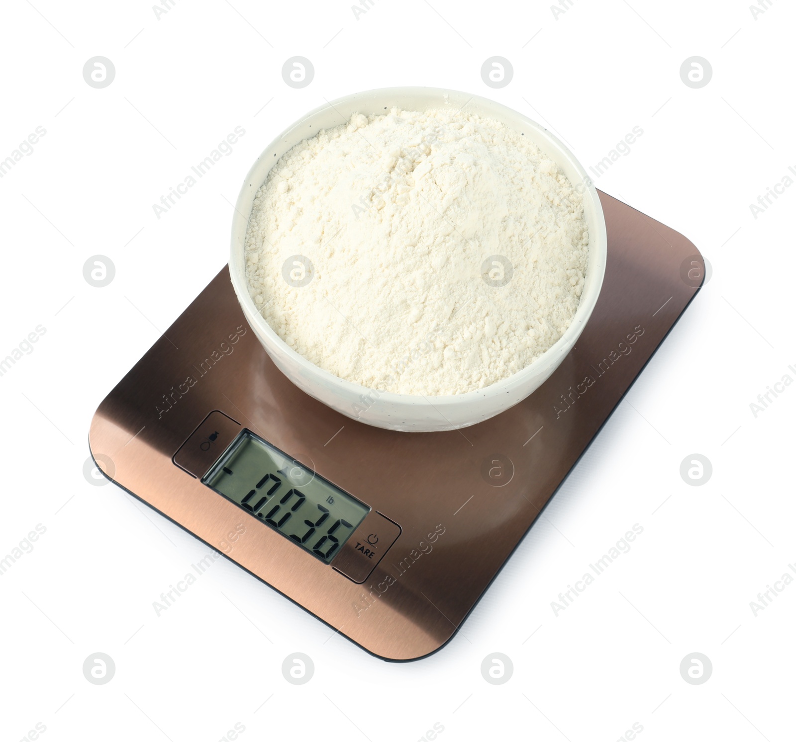 Photo of Electronic kitchen scale with bowl of flour isolated on white