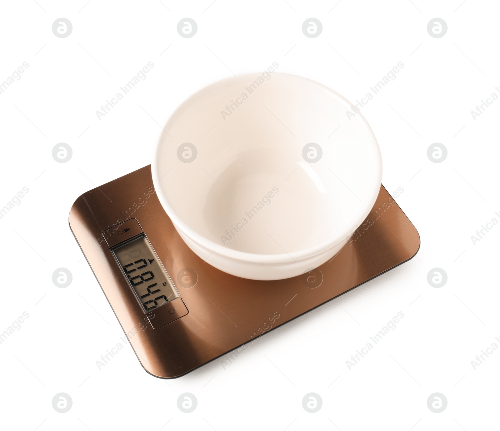 Photo of Electronic kitchen scale with empty bowl isolated on white