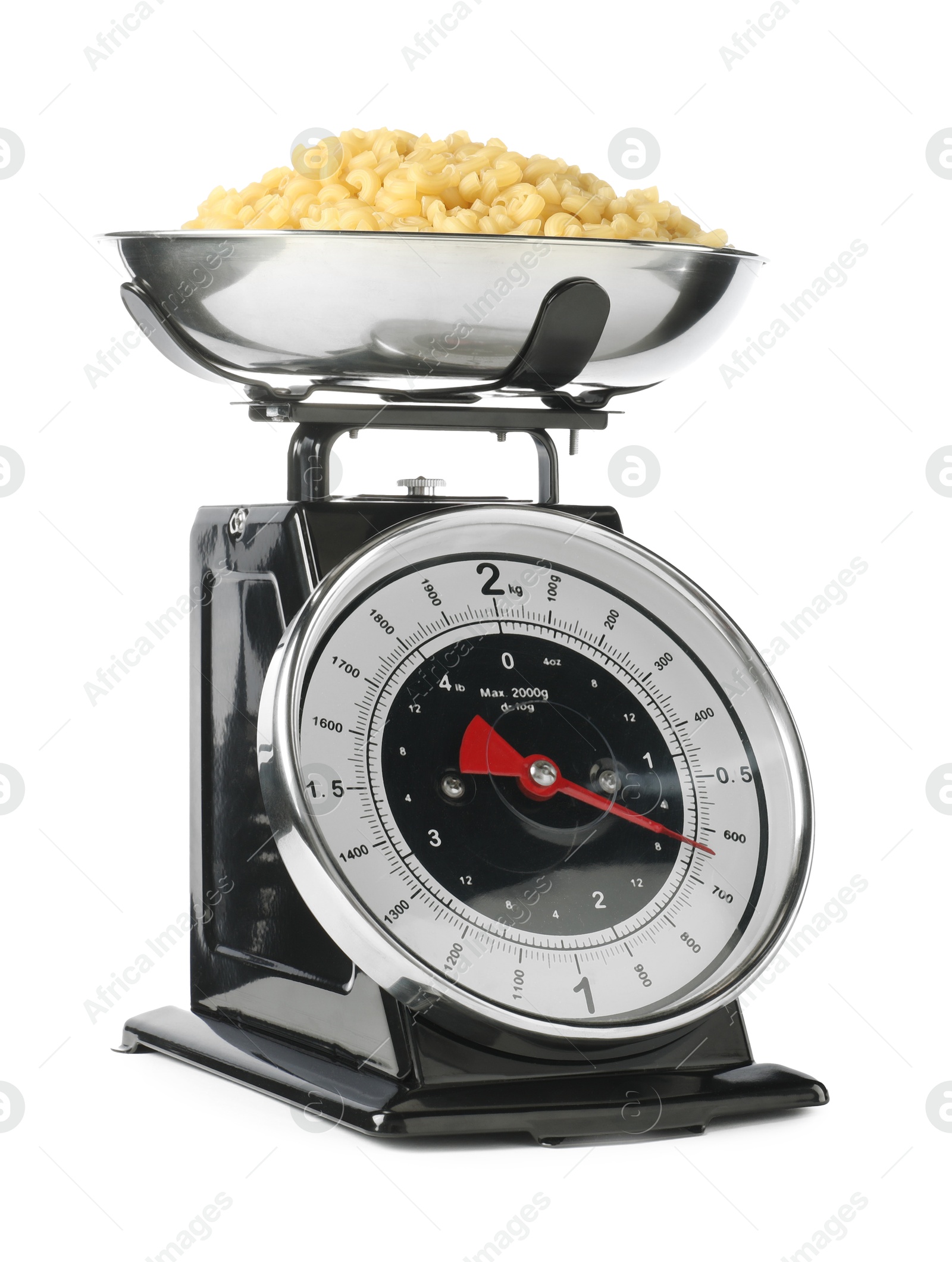 Photo of Mechanical kitchen scale with bowl of raw pasta isolated on white