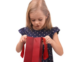 Photo of Little girl with shopping bag on white background