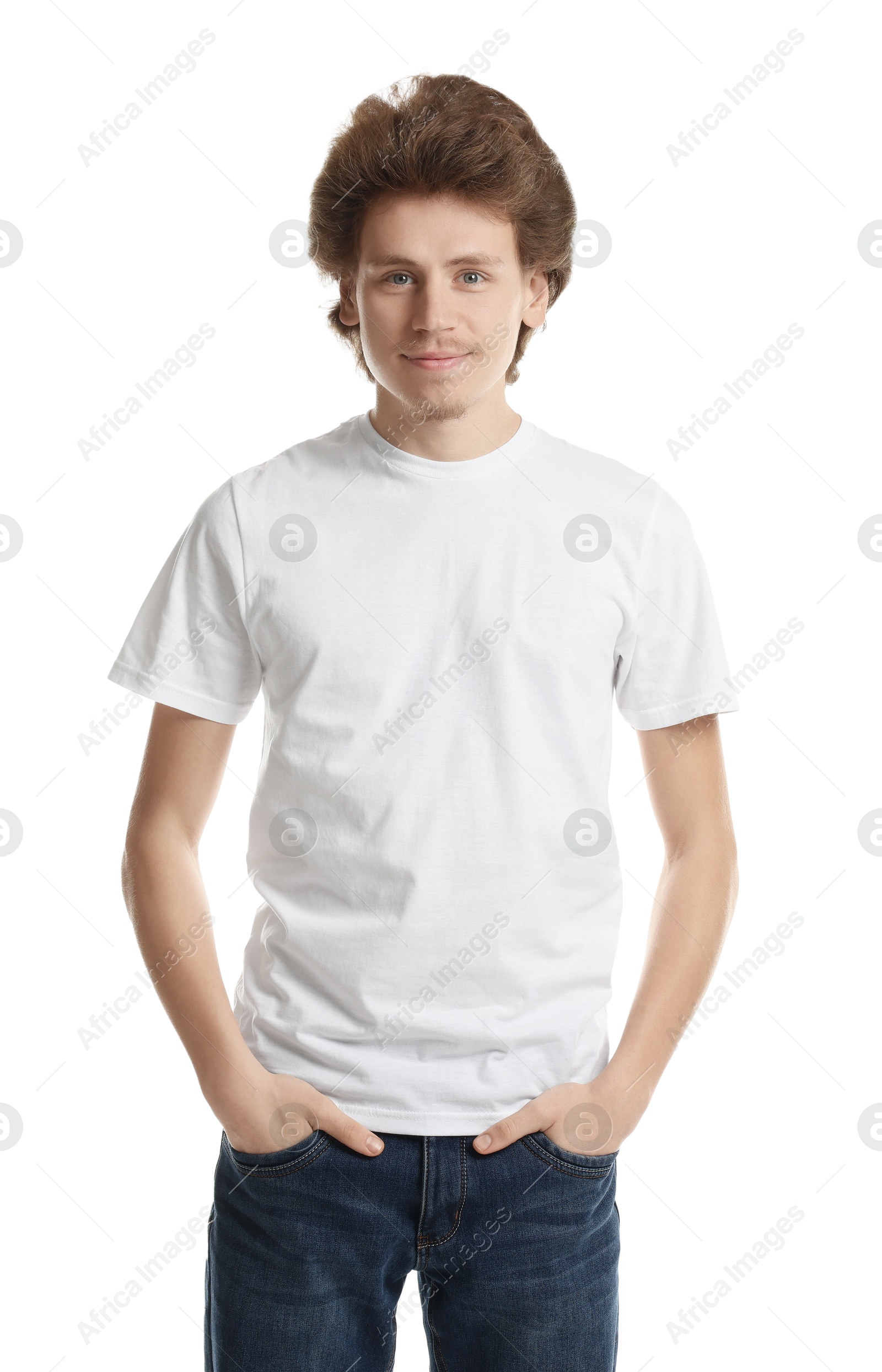 Photo of Young man wearing blank t-shirt on white background. Mockup for design