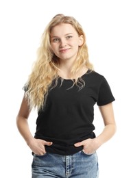 Photo of Young woman wearing blank black t-shirt on white background. Mockup for design