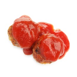 Photo of Delicious meatballs with tomato sauce isolated on white, top view