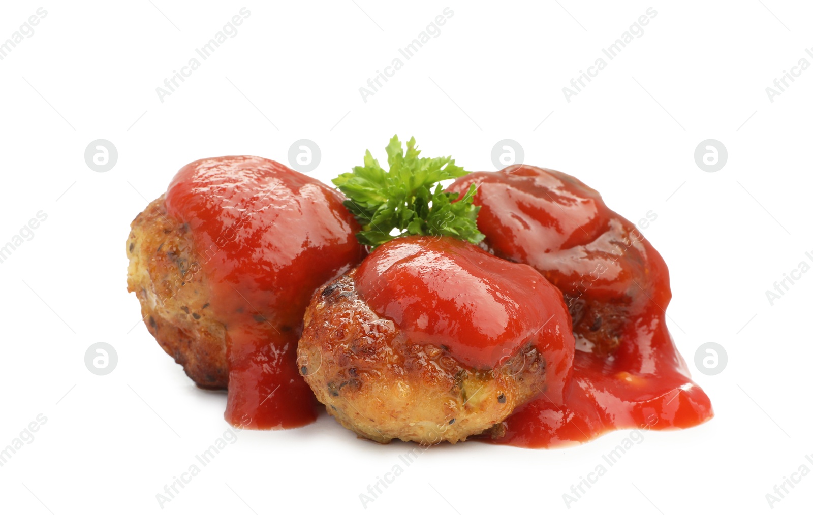 Photo of Delicious meatballs with tomato sauce isolated on white