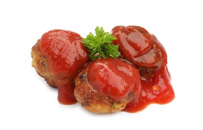 Photo of Delicious meatballs with tomato sauce isolated on white