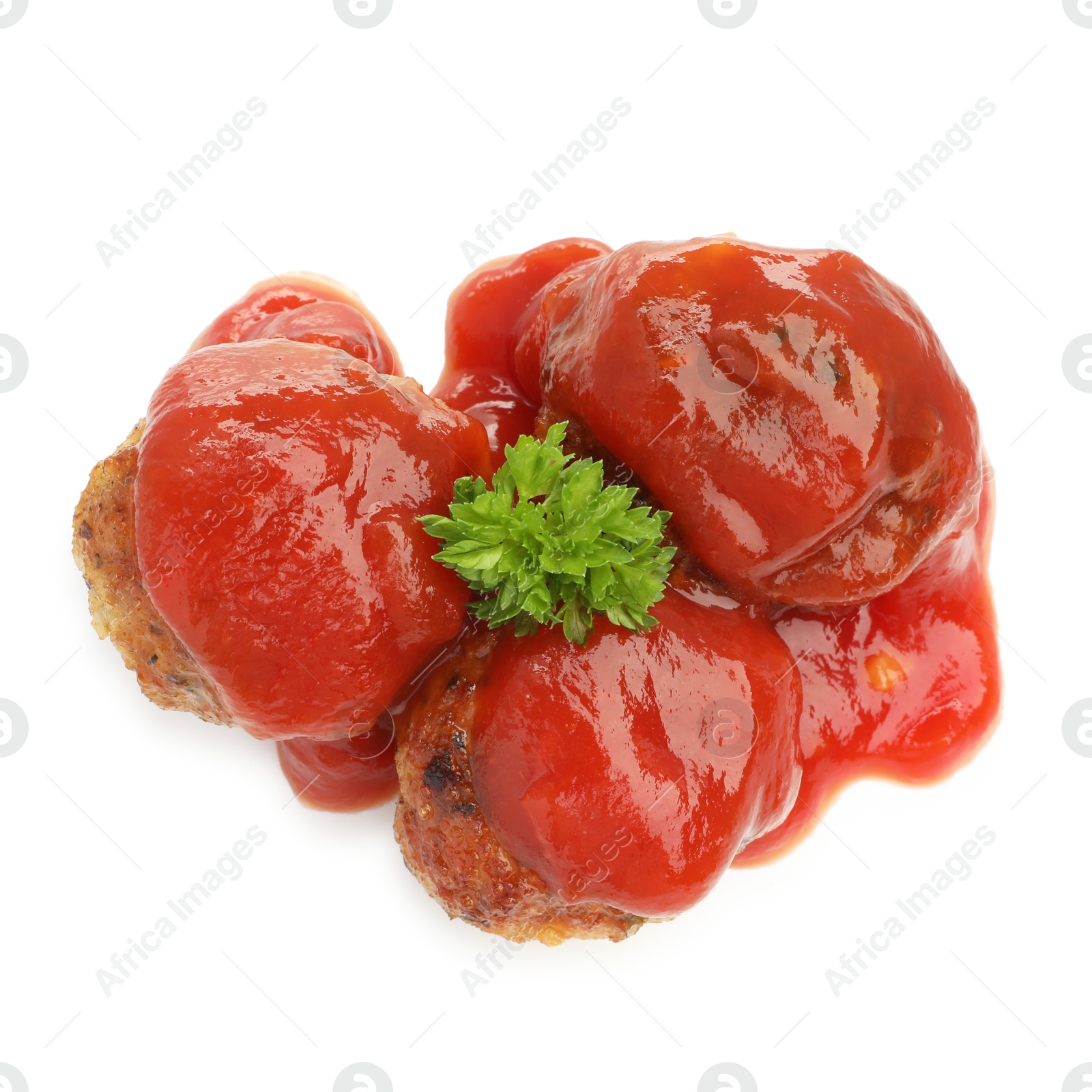 Photo of Delicious meatballs with tomato sauce isolated on white, top view