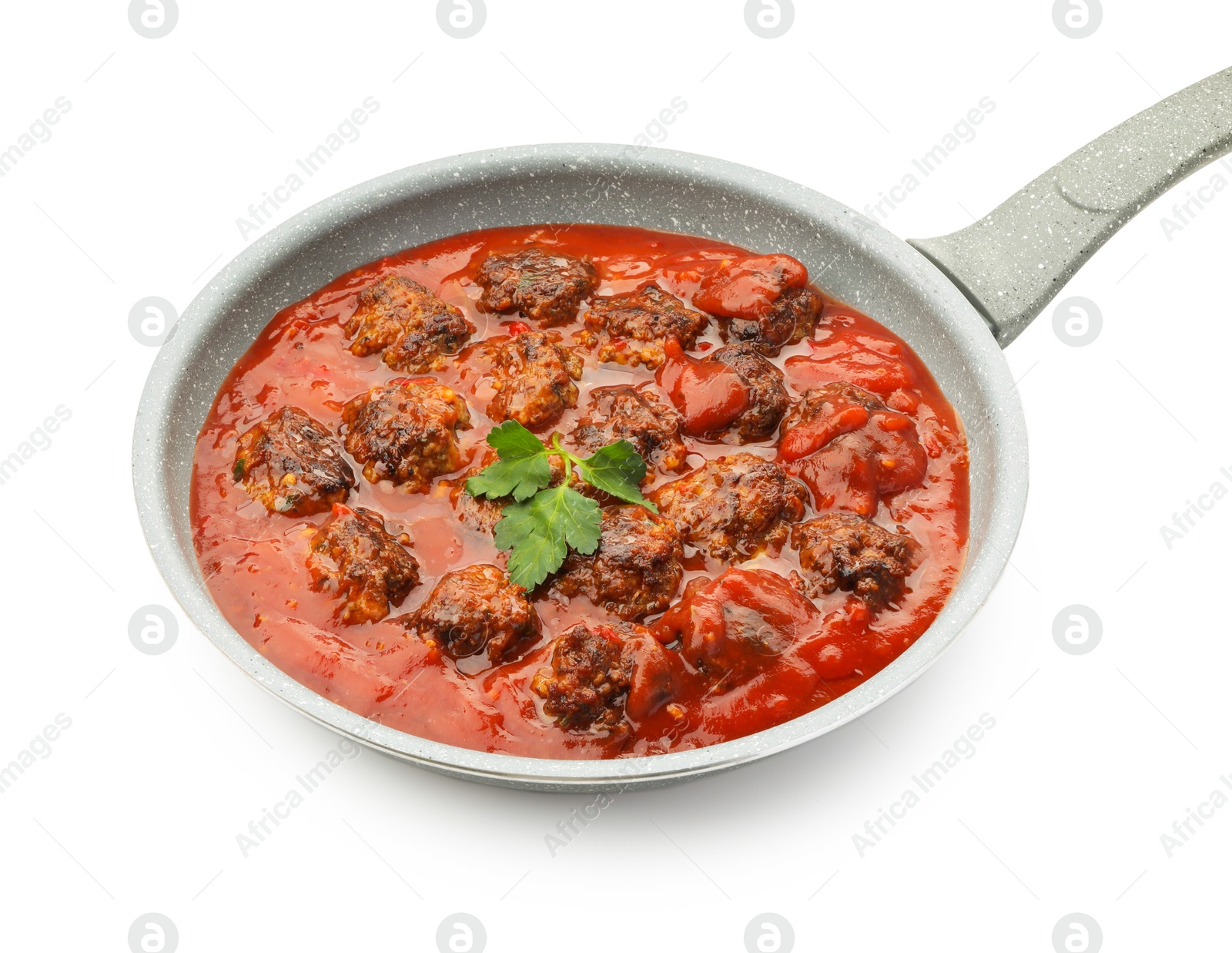 Photo of Delicious meatballs with tomato sauce in frying pan isolated on white