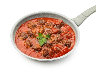 Photo of Delicious meatballs with tomato sauce in frying pan isolated on white