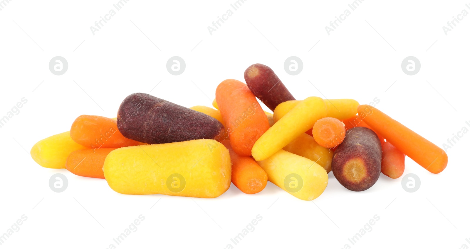 Photo of Different fresh baby carrots isolated on white. Root vegetable