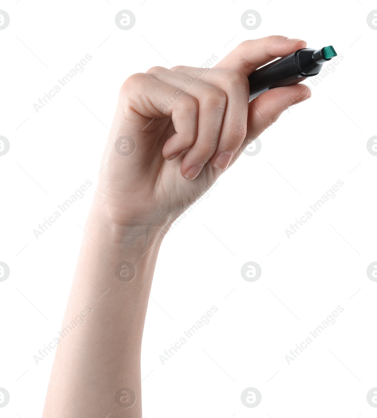 Photo of Woman with color marker on white background, closeup