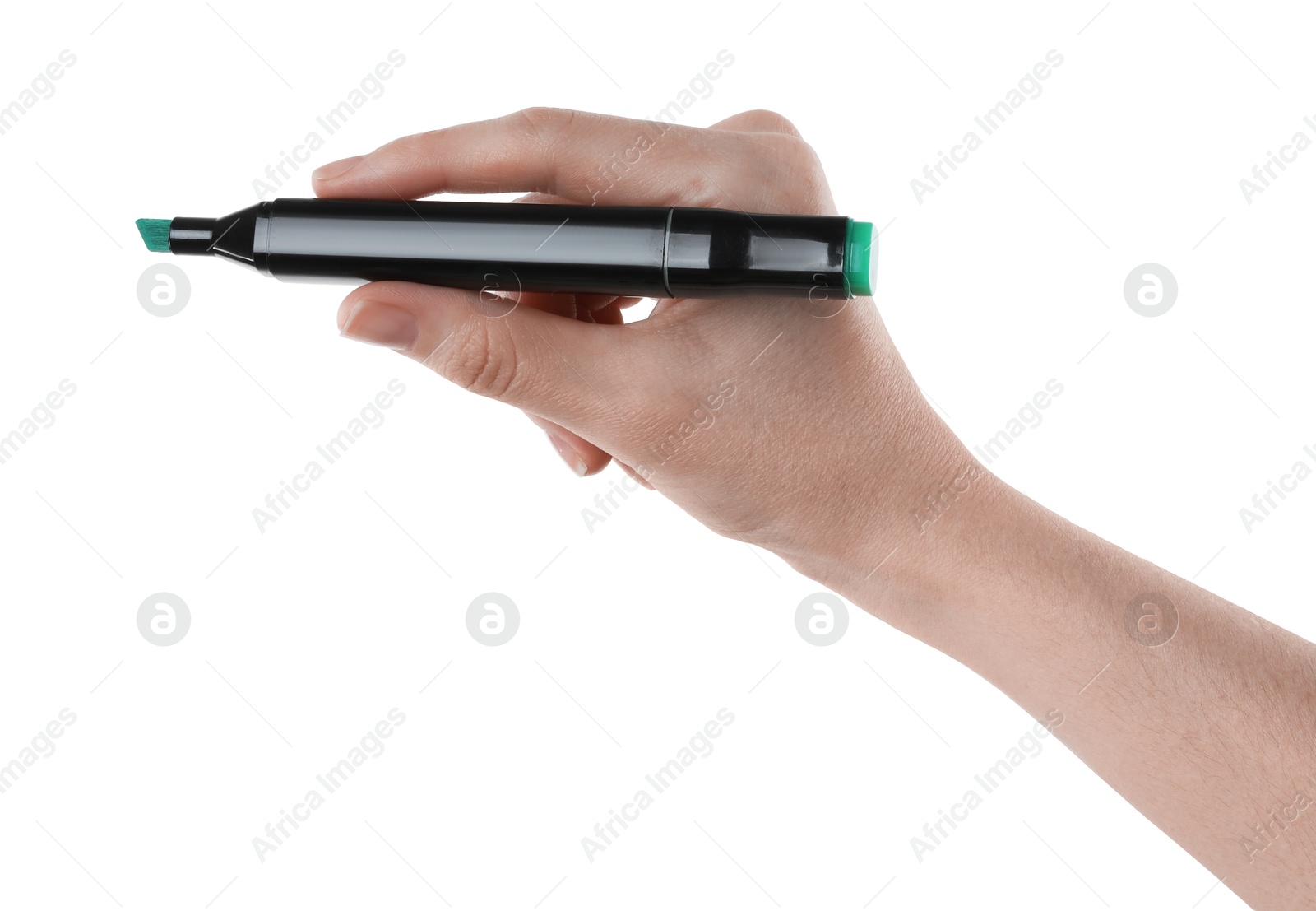 Photo of Woman with double sided marker on white background, closeup