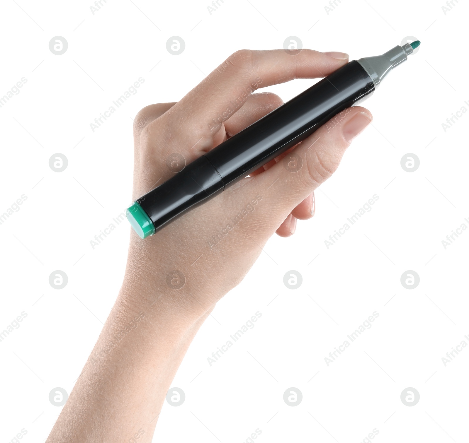 Photo of Woman with double sided marker on white background, closeup