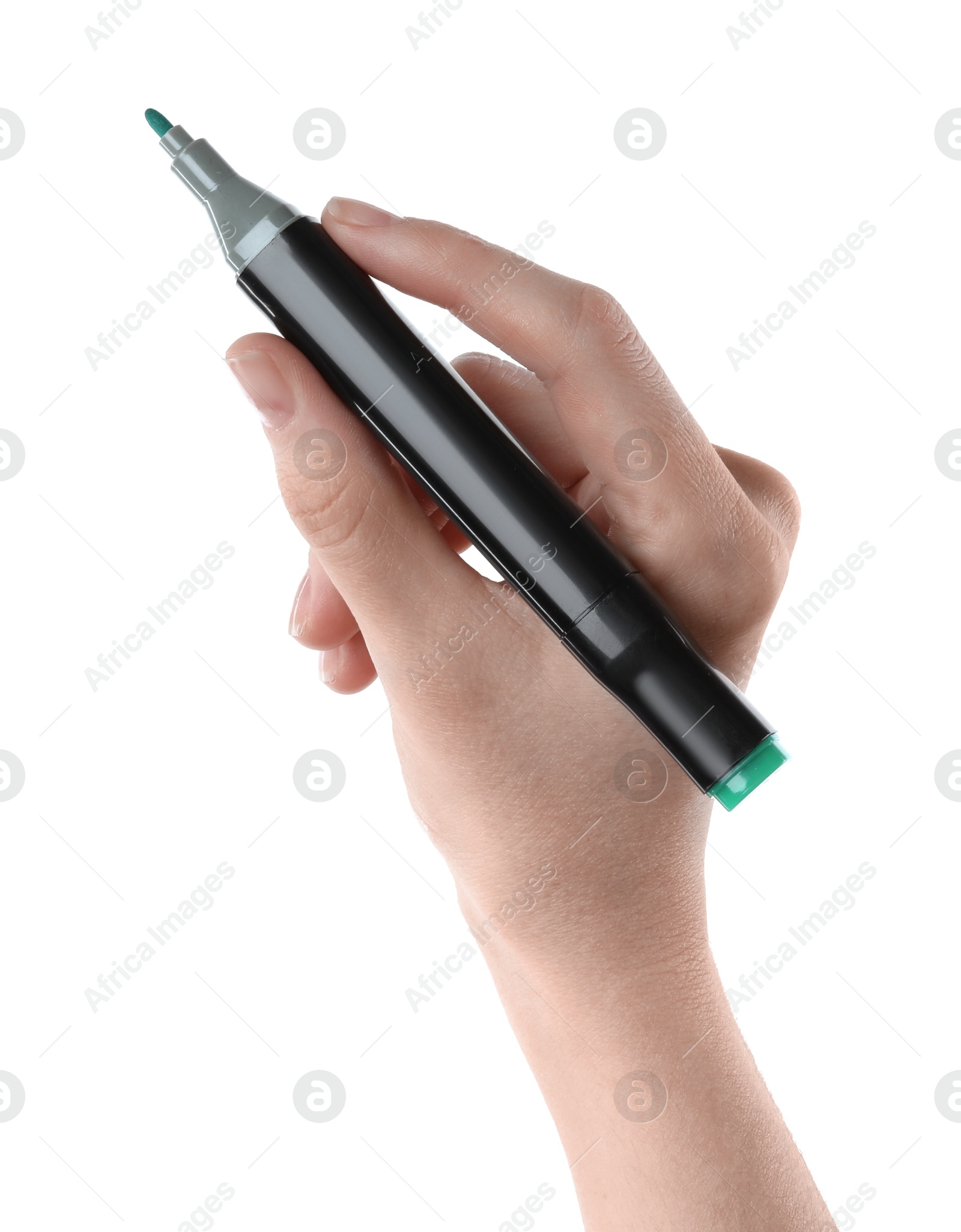 Photo of Woman with double sided marker on white background, closeup