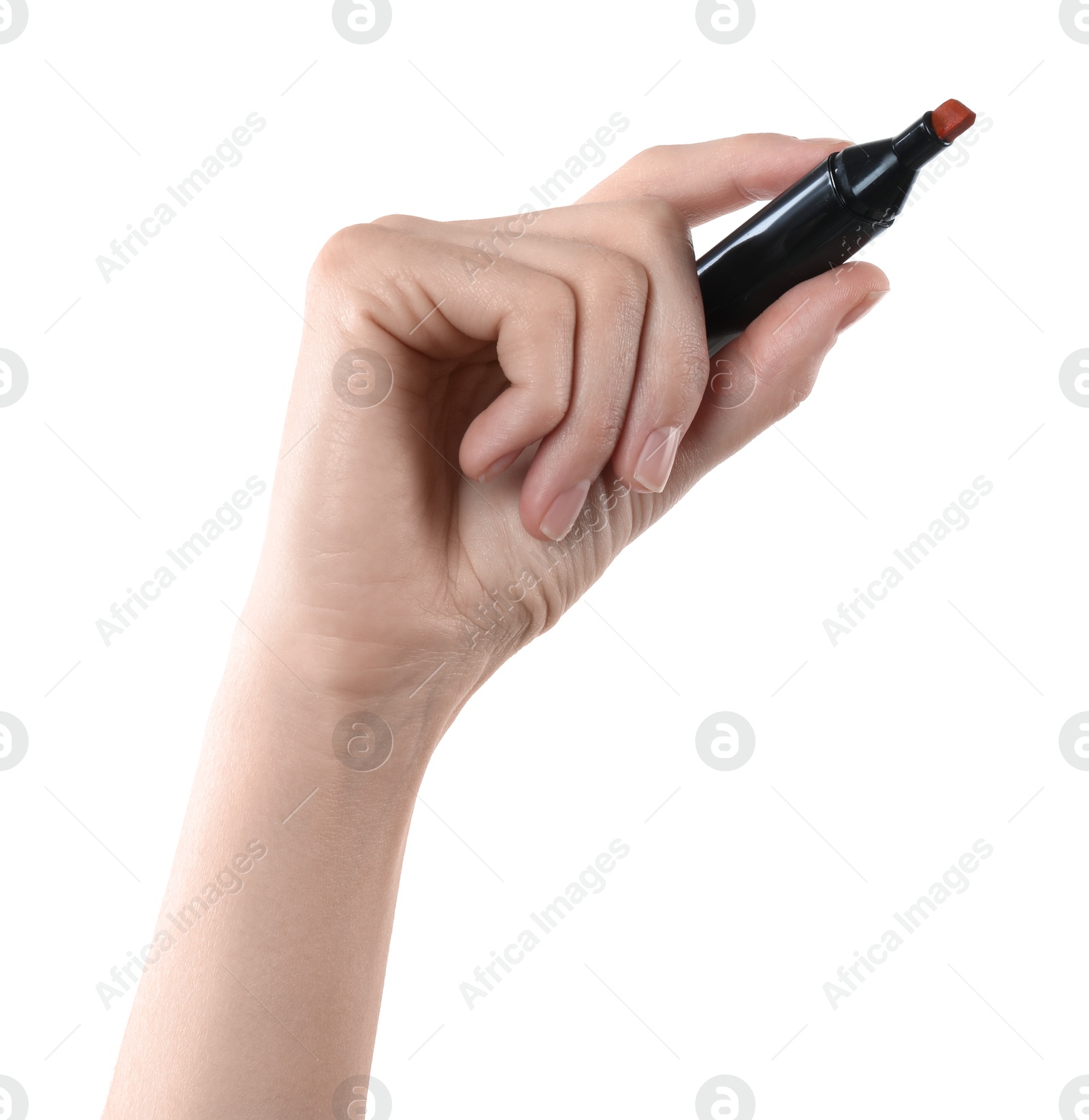 Photo of Woman with color marker on white background, closeup