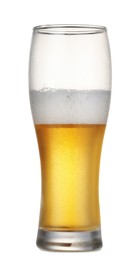 Half full glass of fresh beer isolated on white