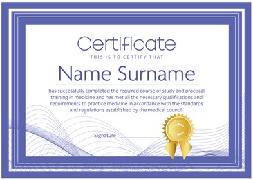 Image of Certificate of medical course completion for healthcare professional, design