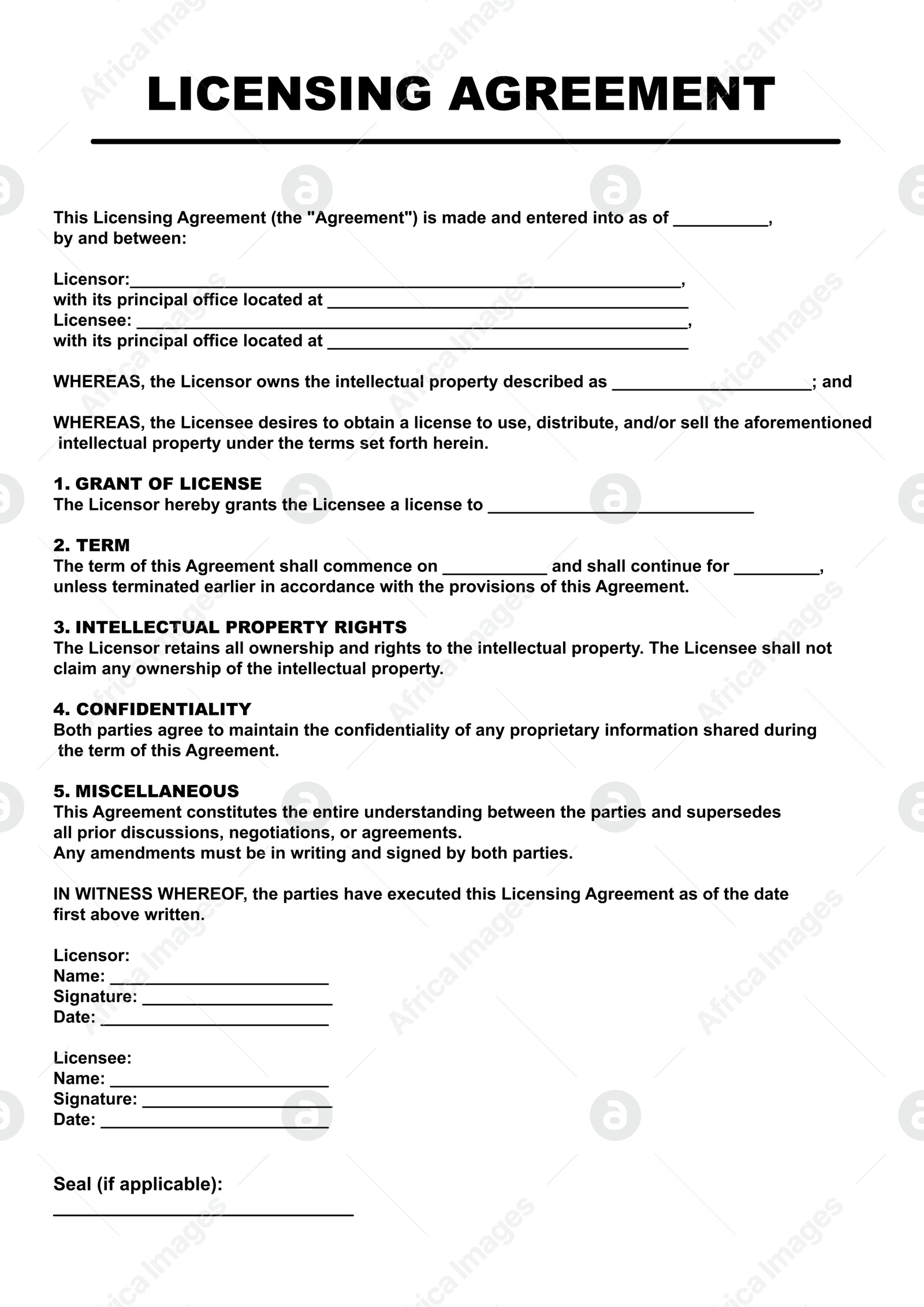 Image of Licensing agreement document. Text on white background