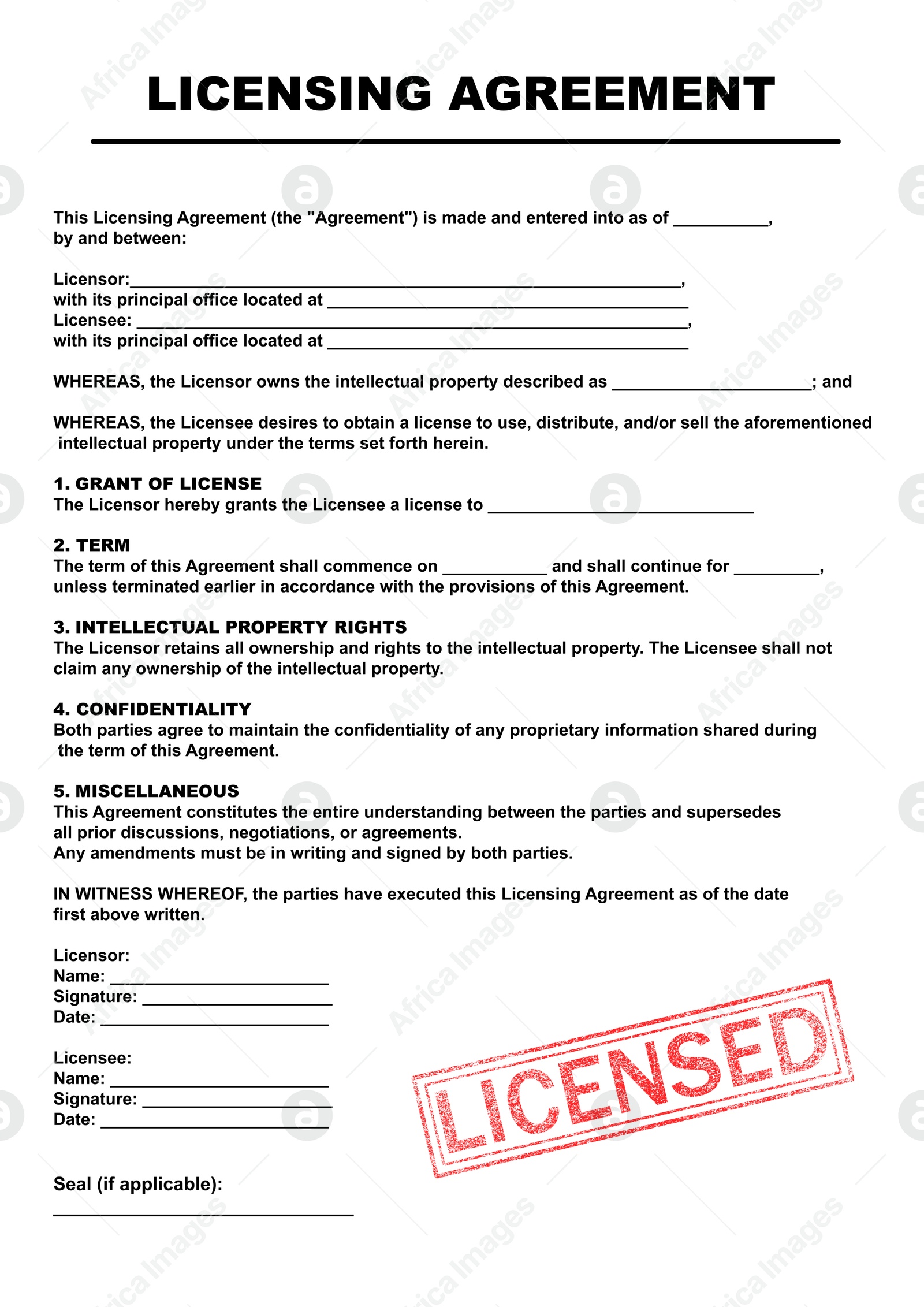 Image of Licensing agreement document. Text and stamp Licensed on white background