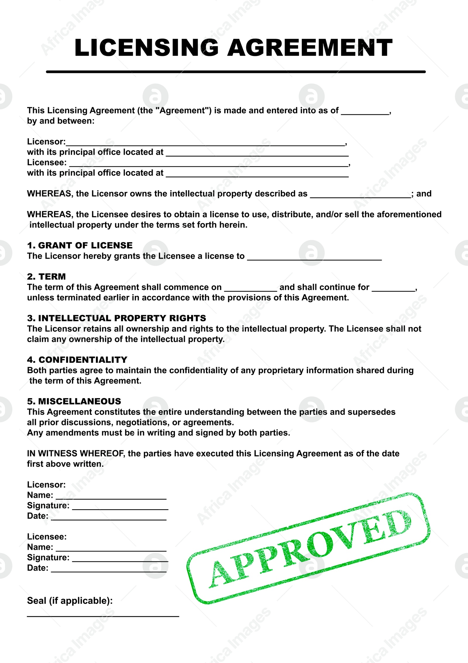 Image of Licensing agreement document. Text and stamp Approved on white background