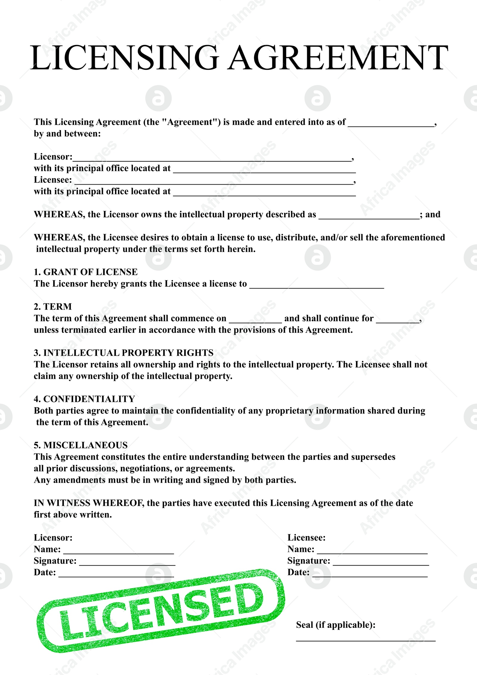 Image of Licensing agreement document. Text and stamp Licensed on white background