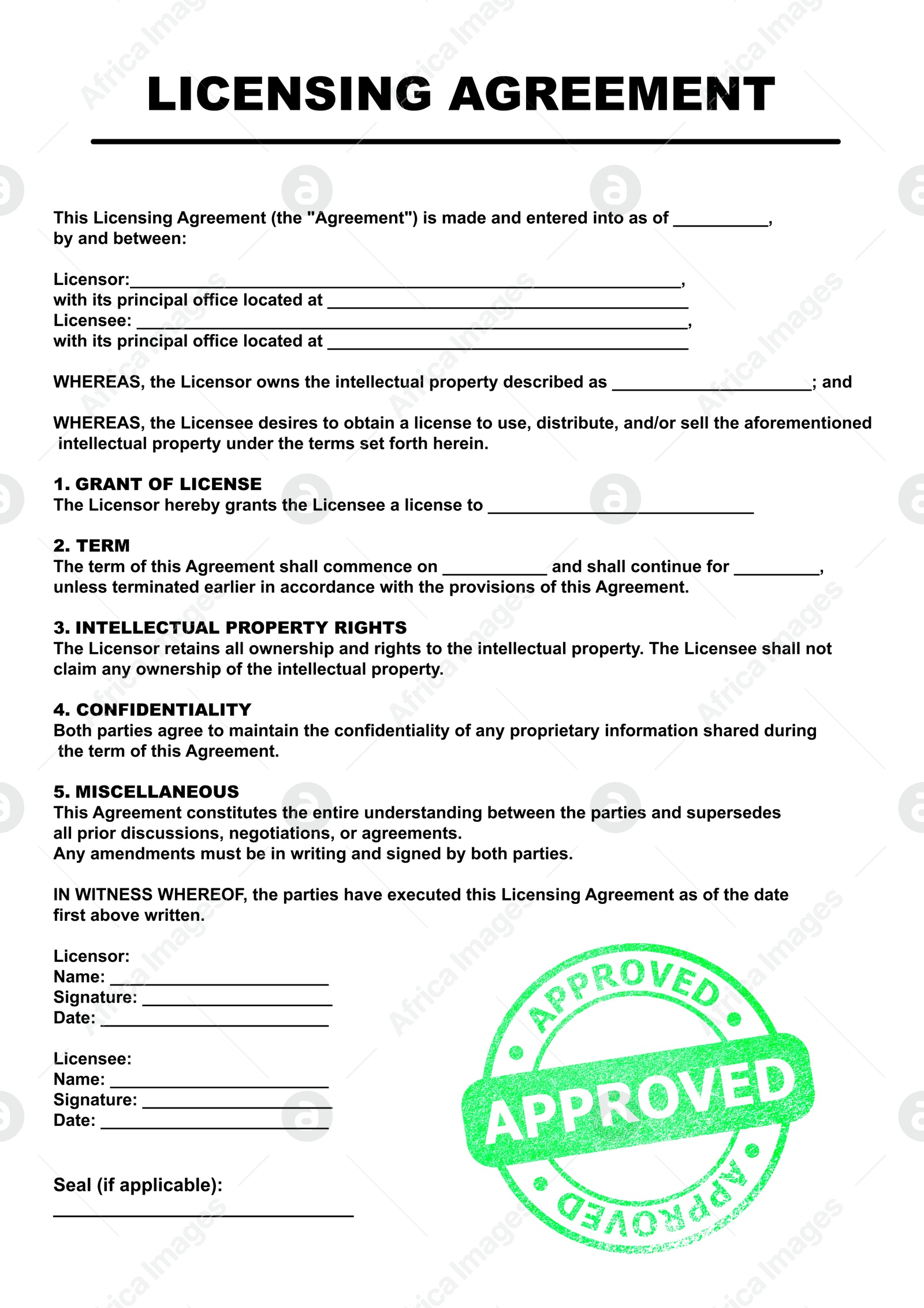 Image of Licensing agreement document. Text and stamp Approved on white background