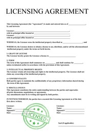 Image of Licensing agreement document. Text and stamp Licensed on white background