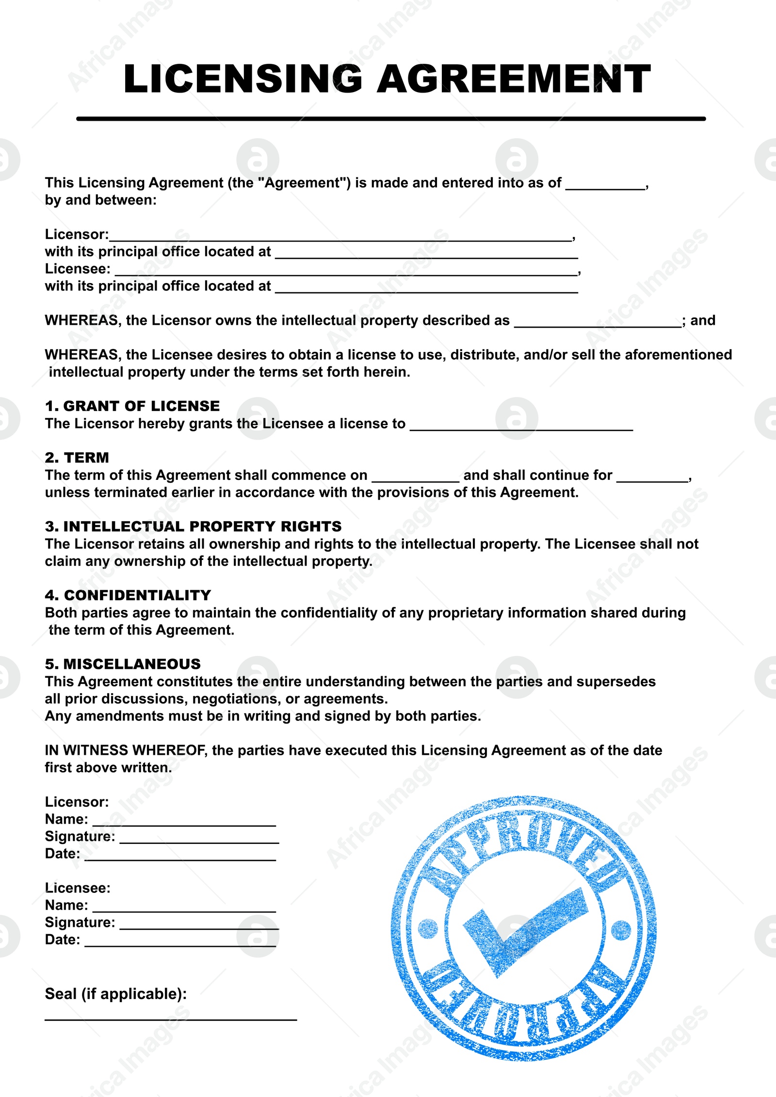 Image of Licensing agreement document. Text and stamp Approved on white background