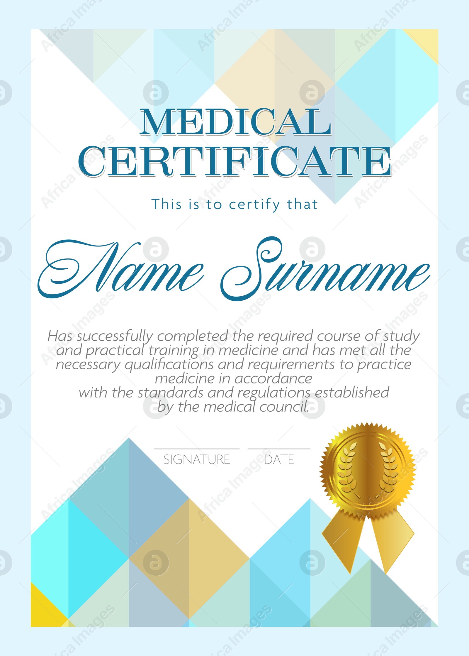 Image of Certificate of medical course completion for healthcare professional, design