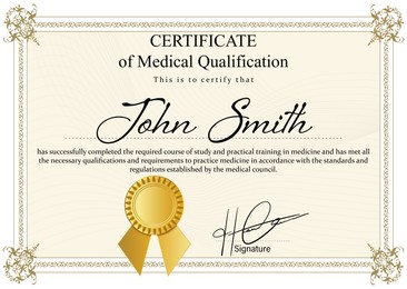 Image of Certificate of medical course completion for healthcare professional, design