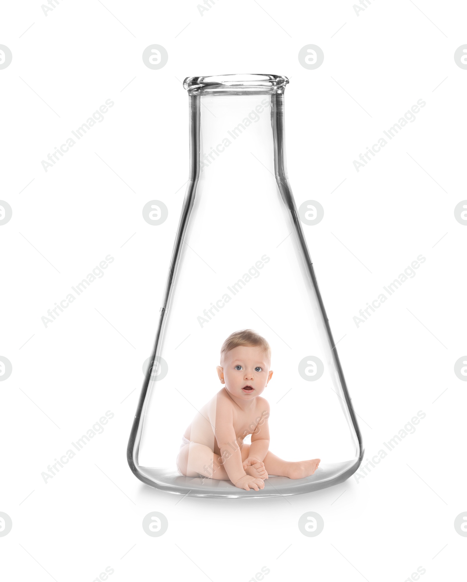 Image of Cute baby in conical flask on white background. In vitro fertilisation