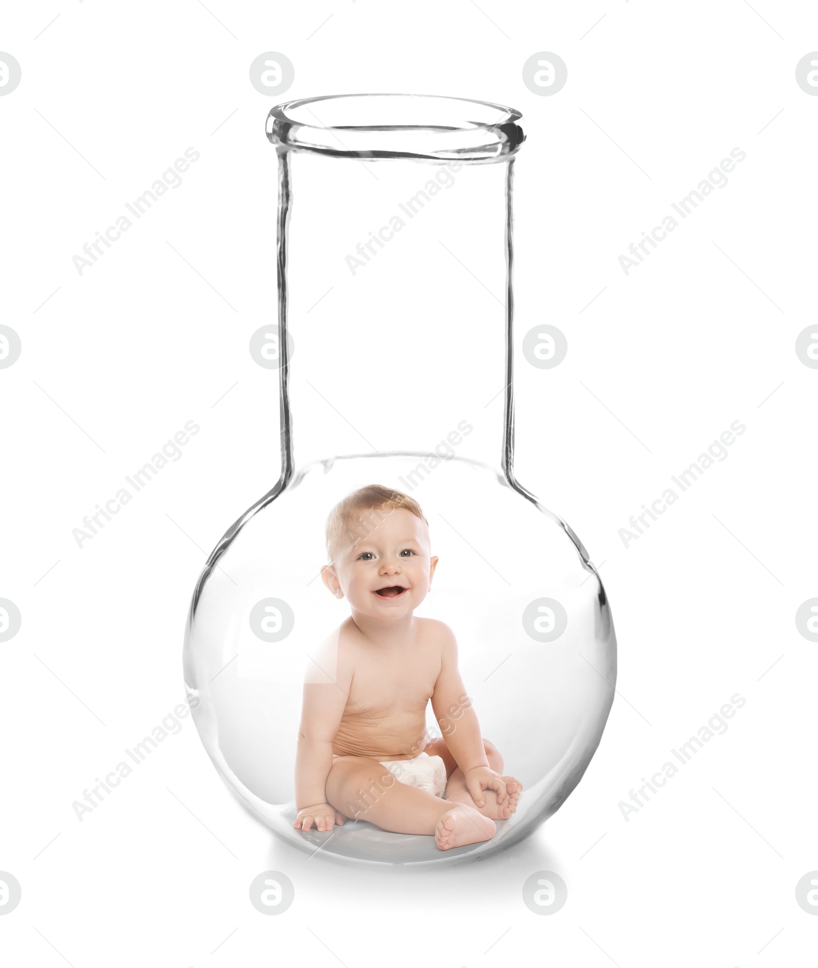 Image of Cute baby in glass flask on white background. In vitro fertilisation