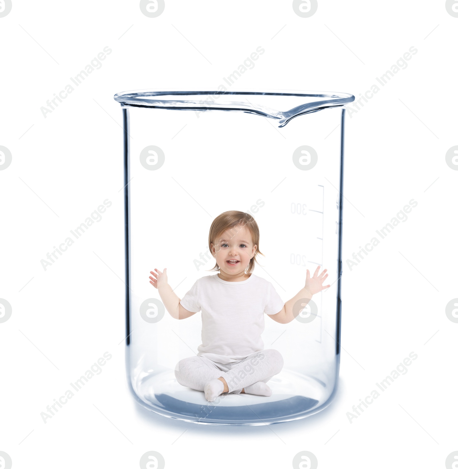 Image of Cute baby in glass beaker on white background. In vitro fertilisation