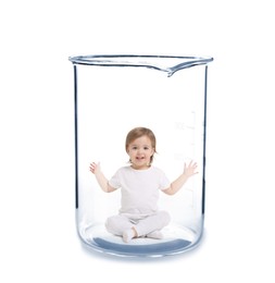 Image of Cute baby in glass beaker on white background. In vitro fertilisation