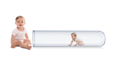 Image of Cute baby getting out from glass test tube on white background. In vitro fertilisation