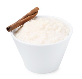 Photo of Tasty rice pudding with cinnamon isolated on white