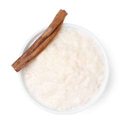 Photo of Tasty rice pudding with cinnamon isolated on white, top view