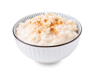 Photo of Tasty rice pudding with cinnamon isolated on white